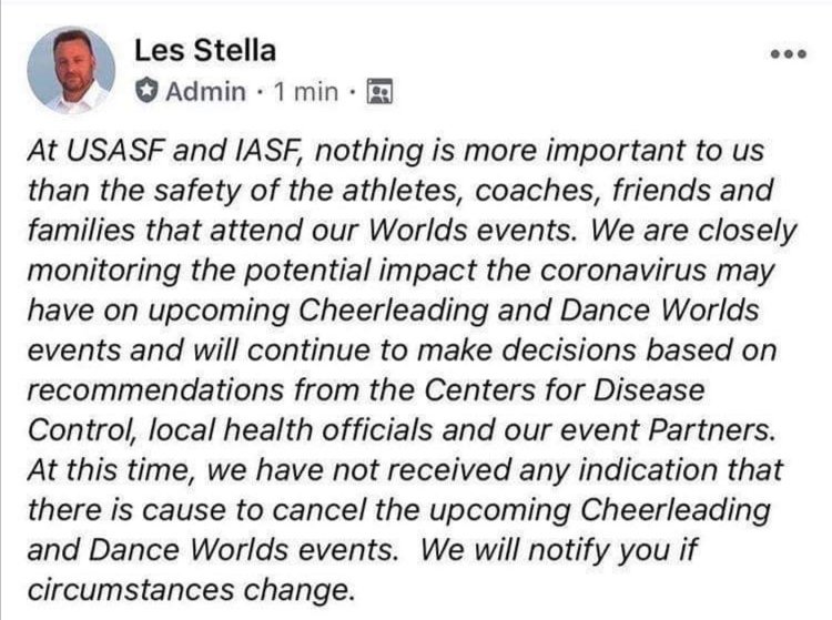CheerSpiritFr's tweet photo. Pas d'annulation prévu pour le moment ! #cheerleadingfr #cheernews #cheerleading #cheerleaders #cheer #cheerworld #championship #worlds #compétition #mondiaux #goal #dream #team https://t.co/Y2UcLmXySa