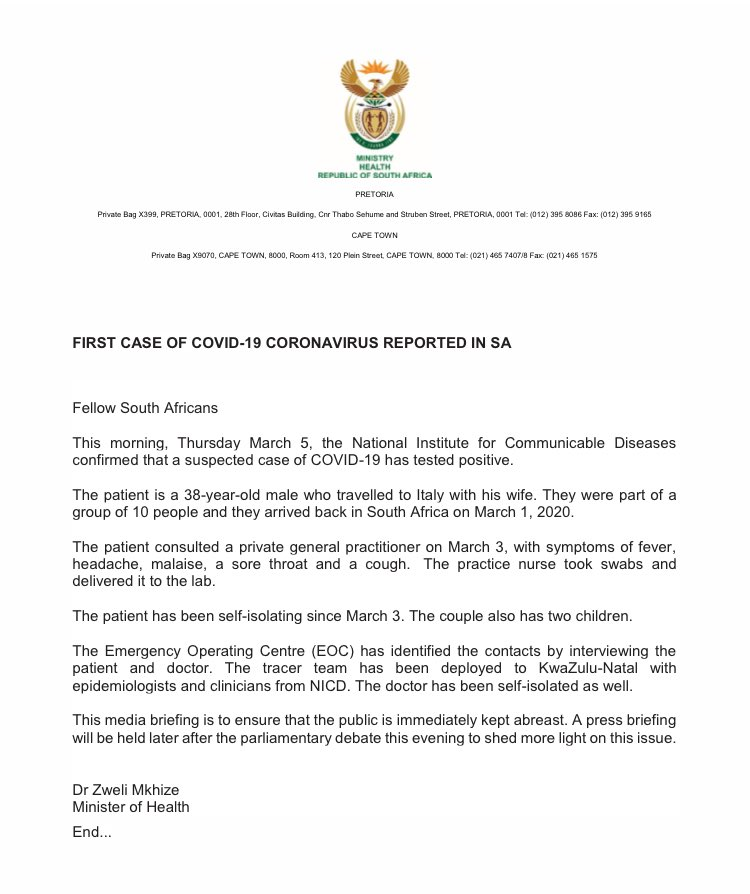 saya_pj's tweet image. The first case of the #Coronvirus has been confirmed in SA. It was inevitable.

NOW PLEASE LET US NOT LOOSE OUR DAMN MINDS ABOUT THIS. Don't spread fake news, wash your hands &amp;amp; keep calm mense.