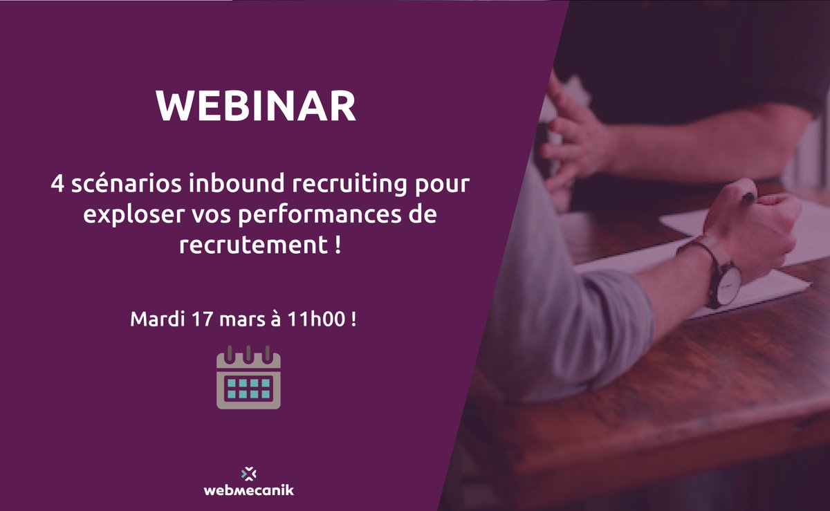 Webmecanik_FR's tweet photo. 📢Chefs d’entreprises, spécialistes RH et chasseurs de têtes, Webmecanik vous donne rendez-vous mardi 17 mars à 11h00 pour votre #webinar 100% ressources humaines 👥 !

Inscrivez-vous👉🏻https://t.co/rWSvzA8eDK

#marketingautomation #HR #RH #workflows #inboundrecruiting https://t.co/M1rxFhAloR