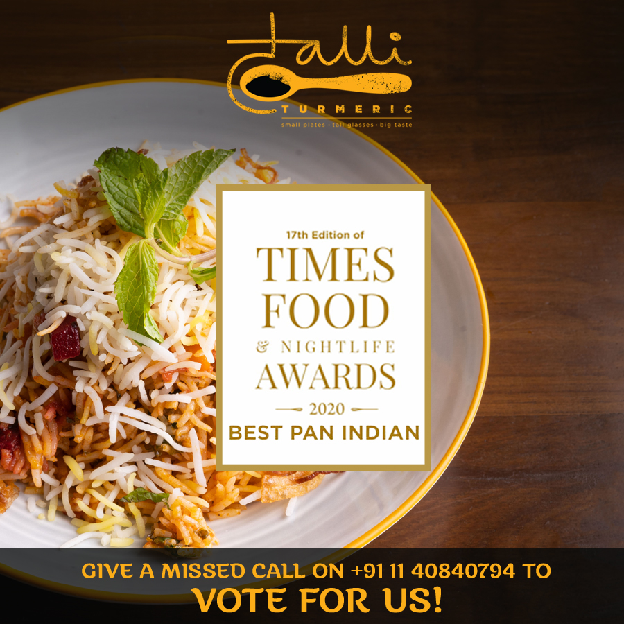 TalliTurmeric's tweet photo. Our team is over the moon to be nominated for the “BEST PAN INDIAN RESTAURANT” at the #TimesFoodAndNightlifeAwards2020. Thank you for being such a huge part of our journey! 

Help us win and give a missed call on +91 11 40840794. 

Voting lines close on 8th March 2020. https://t.co/lIDE3GN2gq