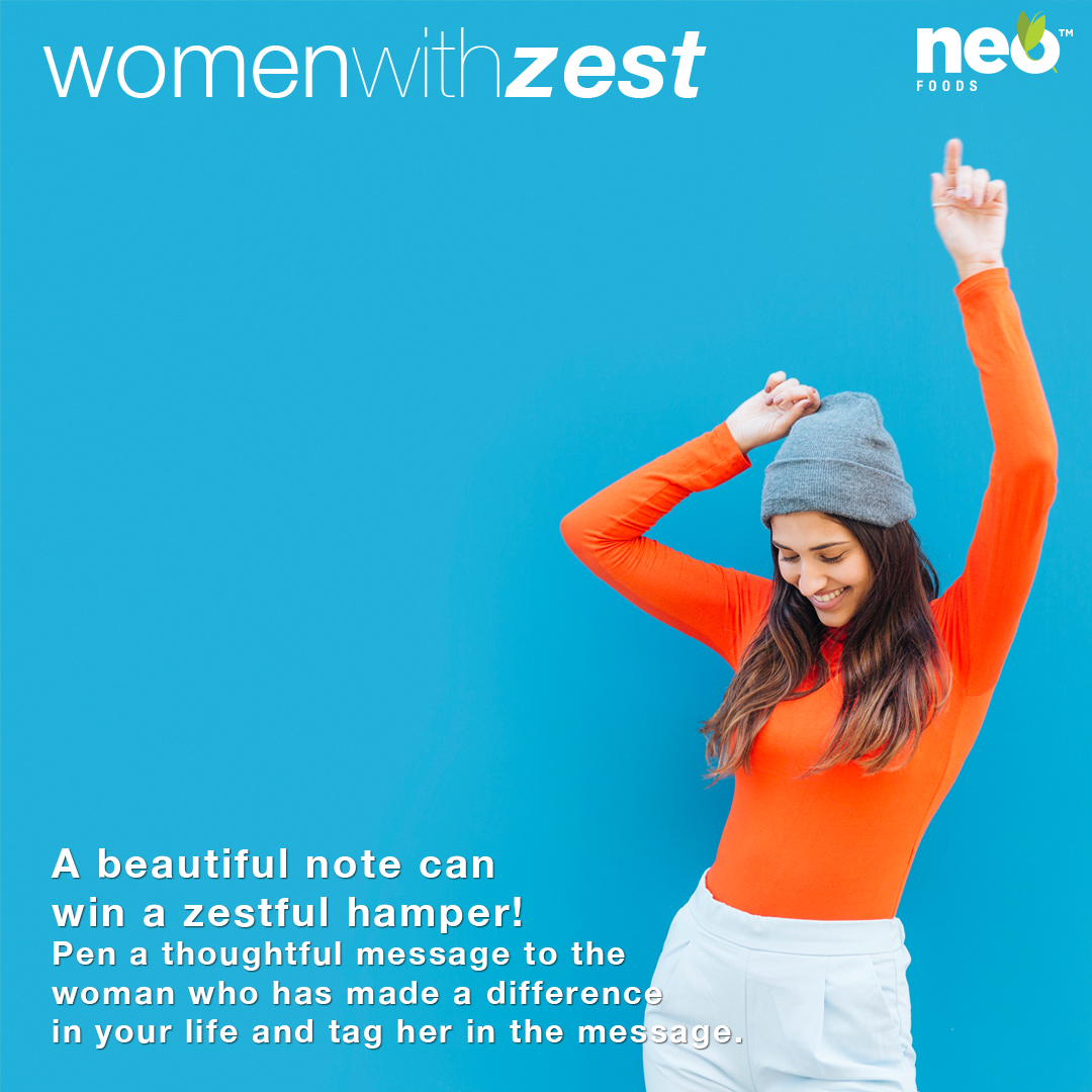 NeoFoodsIndia's tweet photo. This #WomensDay, pen a thoughtful message to the woman who has made a difference , tag her in the message. If it's cool, both of you can win a hamper. Entries only till 10th March.
Rules - Write a note about the woman, tag her, use #WomenWithZest tag @NeoFoodsIndia https://t.co/8dh1Gu5WQd