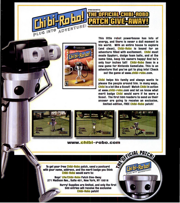 chibirobotweets's tweet photo. In '05, Boy Scout magazine "Boys' Life" released an ad for Chibi-Robo; the first 500 Scouts to mail in their essay describing what merit badge Chibi-Robo would earn would be rewarded with a Chibi-Robo merit badge of their own. So far, the only winner identified is @MidniteBeyond https://t.co/BfDv8XaISC