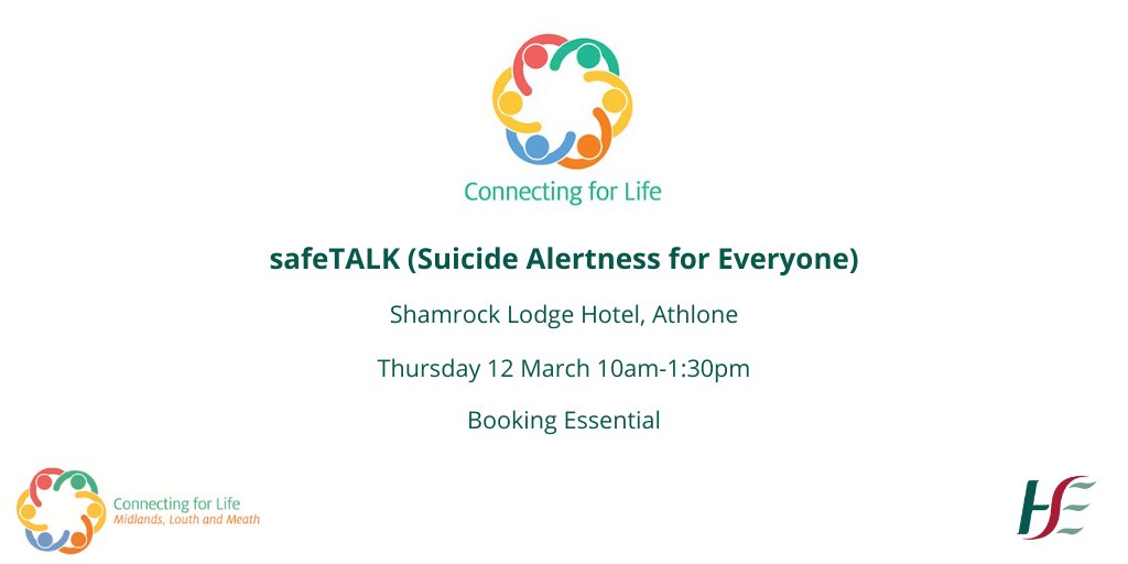 Westmeath County Council (@westmeathcoco) on Twitter photo There is a safeTALK suicide alertness session in the <a href="/Shamrock_Lodge/">Shamrock Lodge Hotel</a> Athlone on Thurs 12 March from 10am-1.30pm to help participants identify and engage with persons who may be having thoughts of suicide.
Find out more and register at bookwhen.com/suicidepreventā¦
#MentalHealth There is a safeTALK suicide alertness session in the <a href="/Shamrock_Lodge/">Shamrock Lodge Hotel</a> Athlone on Thurs 12 March from 10am-1.30pm to help participants identify and engage with persons who may be having thoughts of suicide.
Find out more and register at bookwhen.com/suicidepreventā¦
#MentalHealth