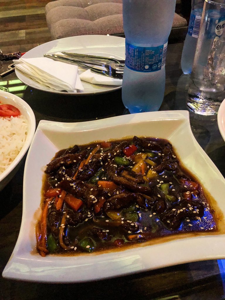 Honey RestaurantChocolate Mall, 2 Atkampe street . Wuse 2. AbujaAmbience plays a big role in overall eating experience so i like that they paid attention to that!Terriyaki Beef sauce- N2750Steamed Rice - N1250Full Review and Menu on IG: PamsFoodTour