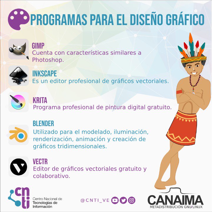 CanaimaGNULinux's tweet photo. ¿Quieres iniciar en el mundo del Diseño Gráfico, la Edición de Audio,  o solo buscas instalar unos Juegos Educativos para tus chamos?

No dejes de probar las aplicaciones que hoy traemos para ti. Estás herramientas puedes instalarlas en tu sistema Canaima GNU/Linux.

#FelizJueves https://t.co/w1StqwZWs1
