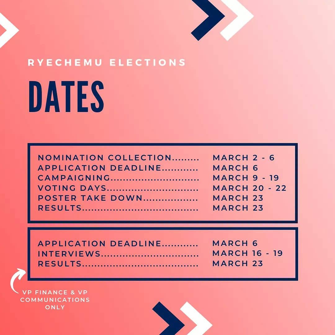 RyeChemU's tweet photo. REMINDER!! Please make sure to have the nomination form completed (20 signatures from current part-time/full-time undergraduate chemical engineering students from Ryerson University) BY MARCH 6, 2020, at 3PM in order to be eligible to campaign. https://t.co/hLM6N0QYcC