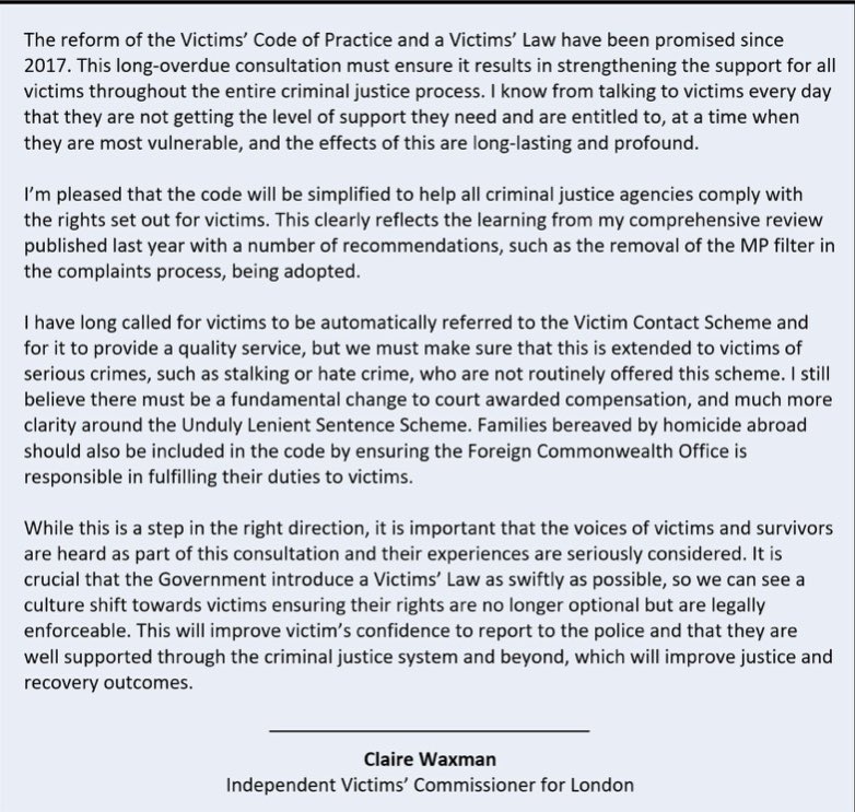 LDNVictimsComm's tweet image. In 2017, I campaigned for the Government to reform the #victimscode &amp;amp; introduce #victimslaw. I am pleased to finally announce the Govt consultation on a new Victims’ Code. Please share &amp;amp; encourage victims &amp;amp; survivors to have their say on #victimsrights - consult.justice.gov.uk/victim-policy/…