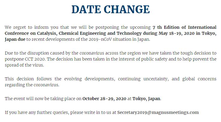 CatalysisEvent's tweet photo. Considering the global epidemic situation we have postponed the #CCT2020 to October 28-29, 2020, Tokyo.

For quick assistance reach us @ : 

Email: catalysis@magnusmeetings.com 
Whats App: +1 (540) 709 1879

#Catalysis2020 #Chemicalengineering2020 
#Catalysisconferences https://t.co/Ymctq10Qwx