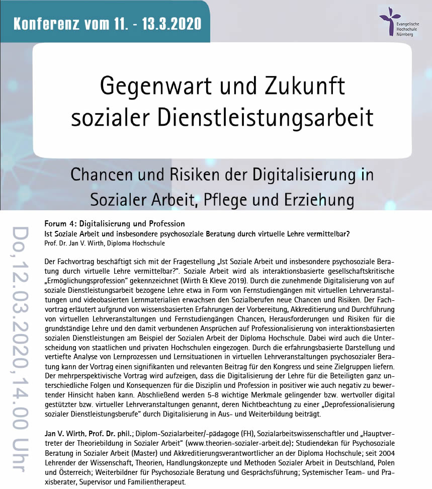 Professor für #PsychosozialeBeratung in #SozialerArbeit Jan V. Wirth fragt sich am 12.3. um 14 Uhr an der Ev. Hochschule Nürnberg: "Ist soziale Arbeit und psychosoziale Beratung durch virtuelle Lehre vermittelbar?"
Infos zum #Fernstudiengang: bit.ly/2Tqymzh