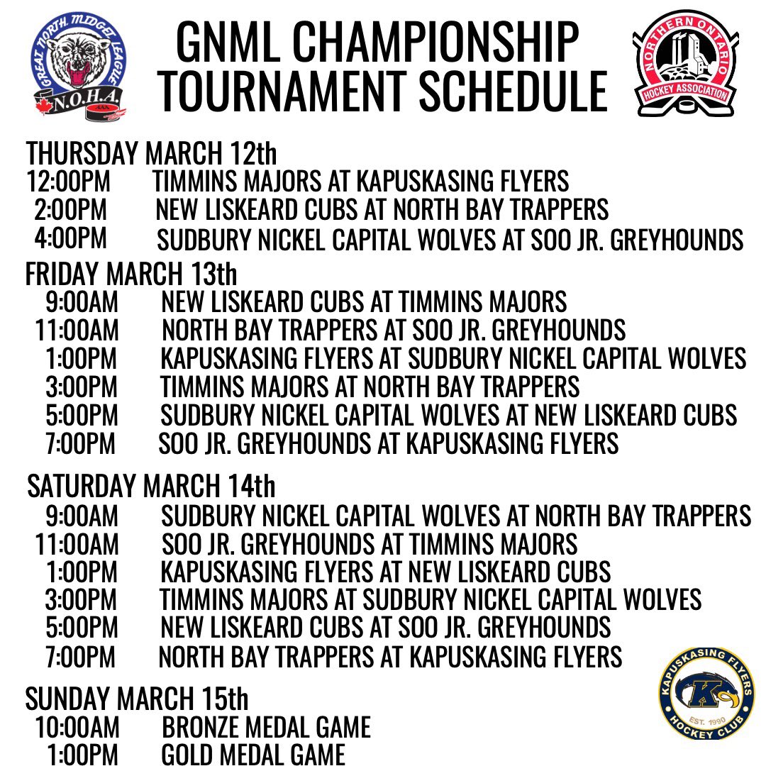 🚨🚨 BREAKING NEWS! 🚨🚨 

The Great North Midget League and Northern Ontario Hockey Association have released the schedule for the upcoming GNML Championship Tournament (March 12-15 in Kapuskasing)

Don’t forget to buy your weekend passes now!