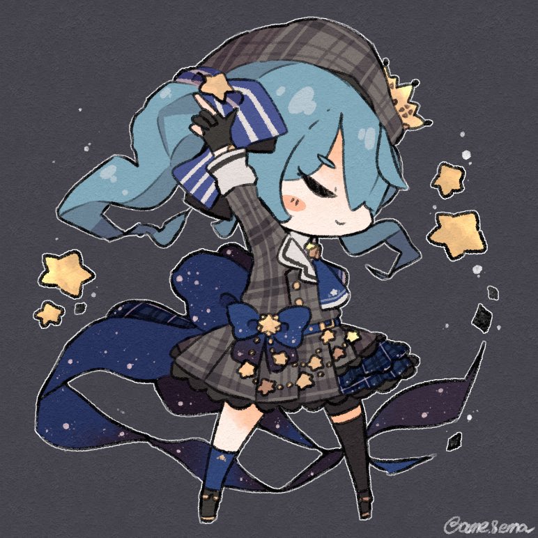 hoshimachi suisei 1girl solo hat blue hair closed eyes chibi gloves  illustration images