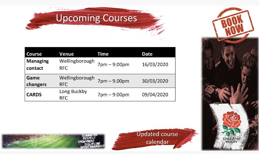 Upcoming courses in Northamptonshire. Just a few places left. Click on the link to book on gms.rfu.com/GMS/coursefind…
