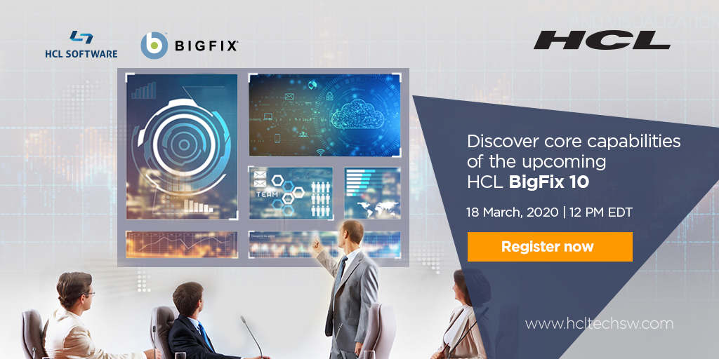 HCLSoftware's tweet photo. Join our exclusive webinar to learn about three of the new capabilities of #HCLBigFix10 - Multicloud Support, Modern #ClientManagement and BigFix Insights. Click here: https://t.co/AUPanDrbht #FixMoreWithBigFix https://t.co/yJXZ8kBqlk