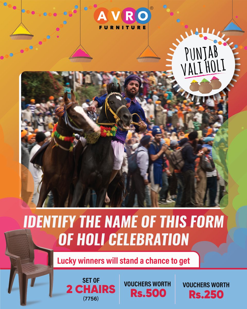 AvroFurniture's tweet photo. #AVROValiHoli #HoliContest 

#2
We will be posting a new contest every day, ensure that you comment the right answer on each of the contest.

2. Tag family and friends to participate
3. Follow us on Twitter and Instagram

Stand a chance to win exciting rewards. https://t.co/DguXPBJLaG