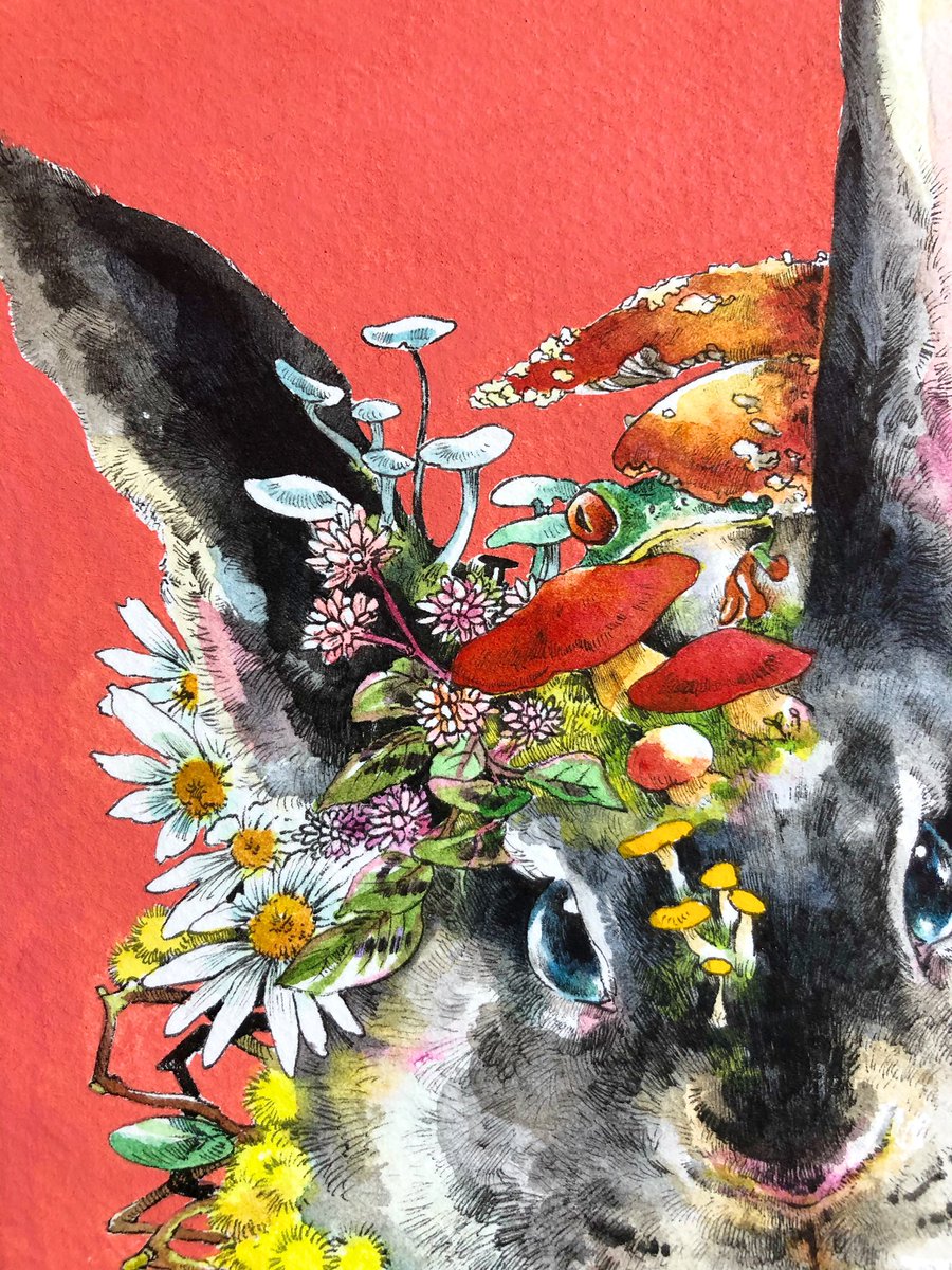 「『お粧し』SM号 水彩 ペン アクリル
おめかし、と読むそうです。黒兎がミモザの」|Keso Artのイラスト