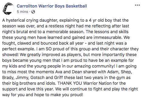 CarrolltonBBall's tweet photo. The investment you make is not into the game, it is into the people-a group that comes together and rallies around each other.  I couldnt be more proud of my FAMILY - the basketball boys were, &amp; will always be, a part of our family. @Adam_Chaney3 @AndrewGotschall @GriffenBagozzi https://t.co/JD29Ae4yjW