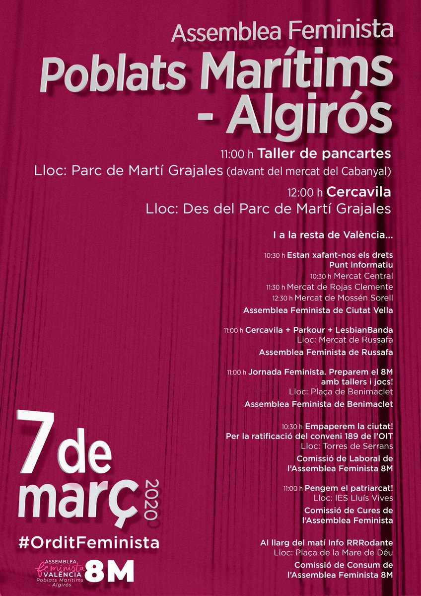 AssembleaVlc's tweet photo. L'#OrditFeminista és la suma de moltes i comença pels barris i comissions que fan xarxa a @AssembleaVlc. 

El 7 de març escampem la lluita per tot #València!💜✊🏼

Sacsarem la ciutat i totes som necessàries!

Correu la veu! 📣💜💪🏾
#FemBarri
#8M2020 https://t.co/Fa3VESnjGw