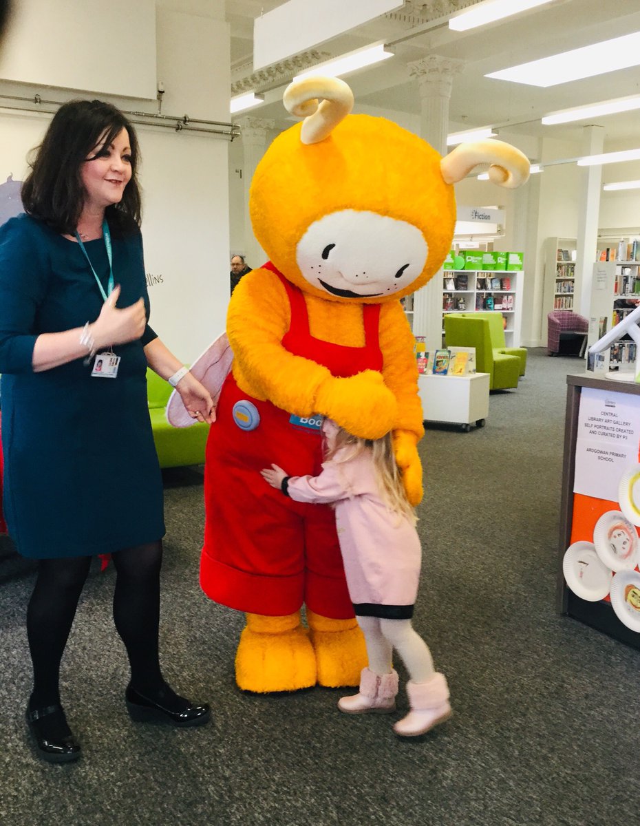 InverclydeLibs's tweet photo. β€οΈreading! Bookbug & World Book Dog were joined by Cllr Jim Clocherty and friends at Central Library to launch Bookbugβs Library Challenge. Theyβve signed up and got their free book - you can too by visiting any Inverclyde Library today! #WorldBookDay #BookbugLibraryChallenge https://t.co/avGYm9NIEO