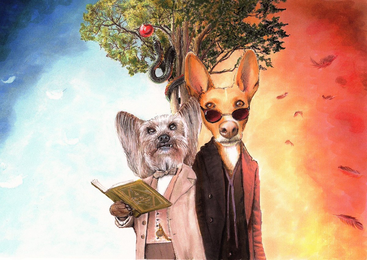 My small friend @Mr_Pelucchi is a big fan of #WorldBookDay so I turned him and his sister Mosca into #Aziraphale and #Crowley from @neilhimself and Terry Prachett's #GoodOmens! (Sorry @michaelsheen and #DavidTennant) :D #MrPels #GoodDoggos