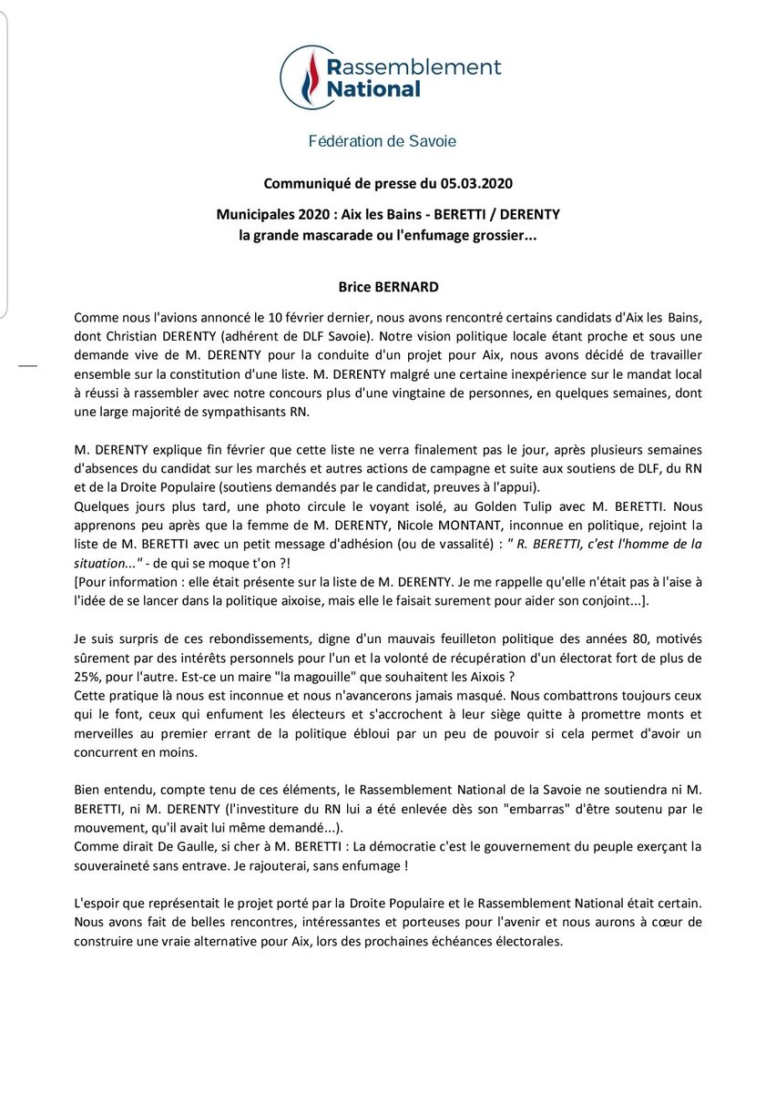 B_Bernard73's tweet photo. Un peu de vérité sur #AixLesBains, ça ne fera pas de mal, quoique.
Voici mon communiqué de presse sur les #Beretti, Derenty &amp; cie. https://t.co/kDgiSOG5vm