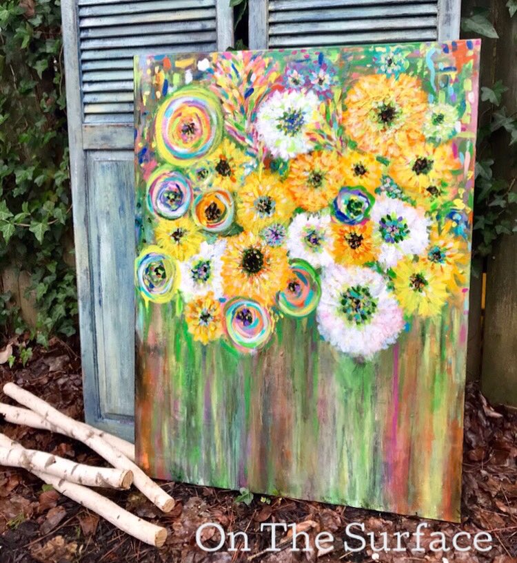 On_The_Surface's tweet photo. Floral painting that makes me smile! Raining in GA but sunny inside! #artist #sunflower #abstract #art #dowhatyoulove https://t.co/vv1JghdTJC