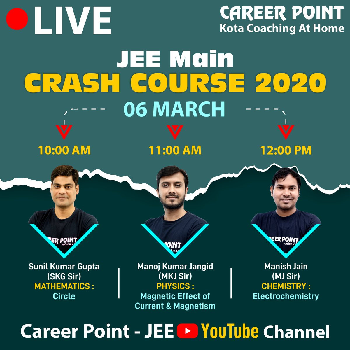 careerpointltd's tweet photo. Hi JEE Aspirants!!
Crash Course schedule for 6th March is out. Set your reminders and attend the live classes.
Subscribe to our channel:- https://t.co/DcBauGcbdR

#Career_Point #CP_Live #Live_Classes #Crash_Course #JEE_Main_2020 #JEE_Main_Crash_Course #JEE https://t.co/lgjUPAAeaC