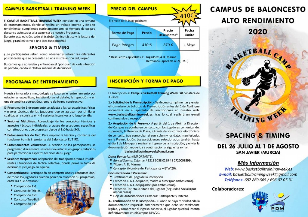 BasketTW's tweet photo. PRESENTACIÓN CAMPUS BTW '20
Presentamos el Tríptico Informativo del Campus de Alto Rendimiento:
Basketball Training Week '20.
Del 26 Julio al 1 Agosto en el Complejo Deportivo de San Javier (Murcia).
Más información: https://t.co/MHXxnPeHiH
#CampusBasketTW20 #Campus #Baloncesto https://t.co/5VZvXCTmbQ