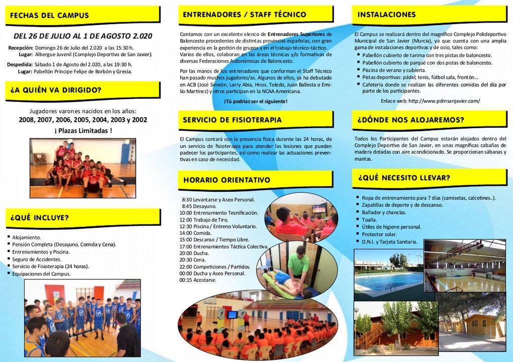 BasketTW's tweet photo. PRESENTACIÓN CAMPUS BTW '20
Presentamos el Tríptico Informativo del Campus de Alto Rendimiento:
Basketball Training Week '20.
Del 26 Julio al 1 Agosto en el Complejo Deportivo de San Javier (Murcia).
Más información: https://t.co/MHXxnPeHiH
#CampusBasketTW20 #Campus #Baloncesto https://t.co/5VZvXCTmbQ
