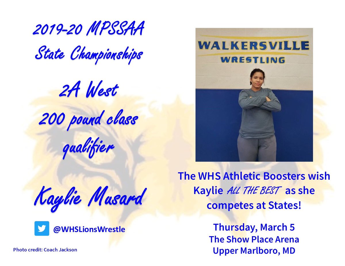 BoostersWHS's tweet photo. All the best today at States, Kaylie! 

💙🦁💛🤼‍♀️
@WHSLionsWrestle https://t.co/IogJVJ482x