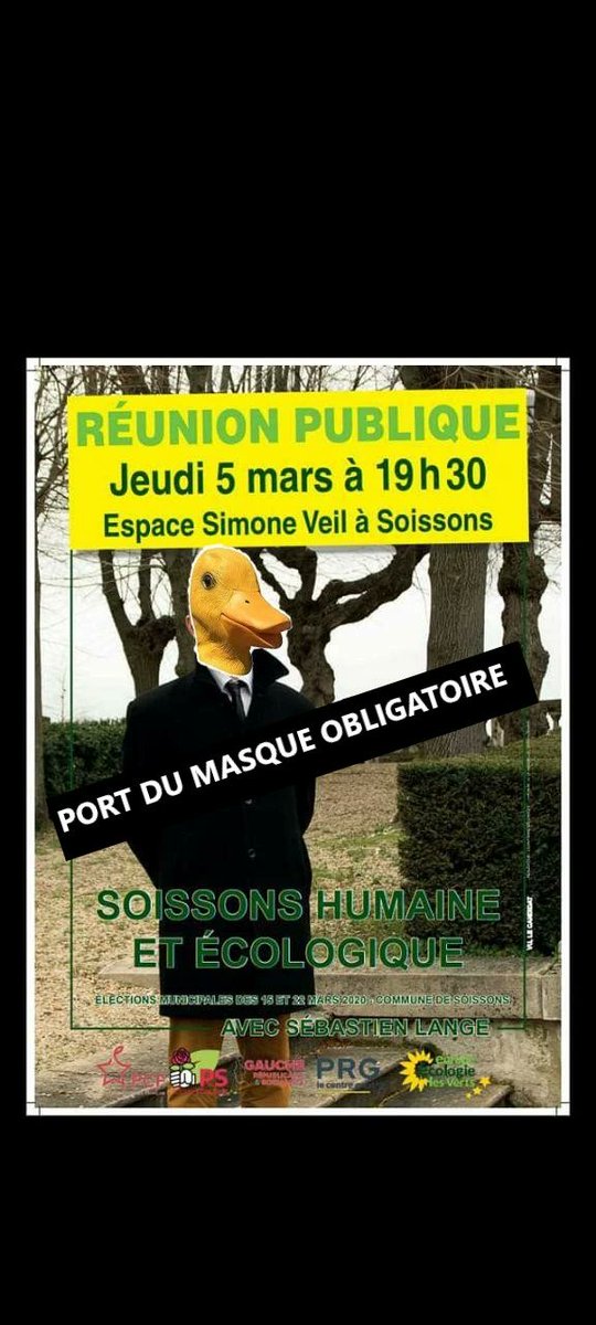 LeVaseDeborde's tweet photo. #Élections municipales : Lange se reunit seul ce soir ....Non, non, ne vous trompez pas il ne s'agit pas d'une veillée mortuaire donc inutile de venir habillé en noir...mais le port du masque canard est fortement conseillé ,pas à cause du #Covid_19 mais pour ne pas être reconnu https://t.co/QOxMKb6Iym