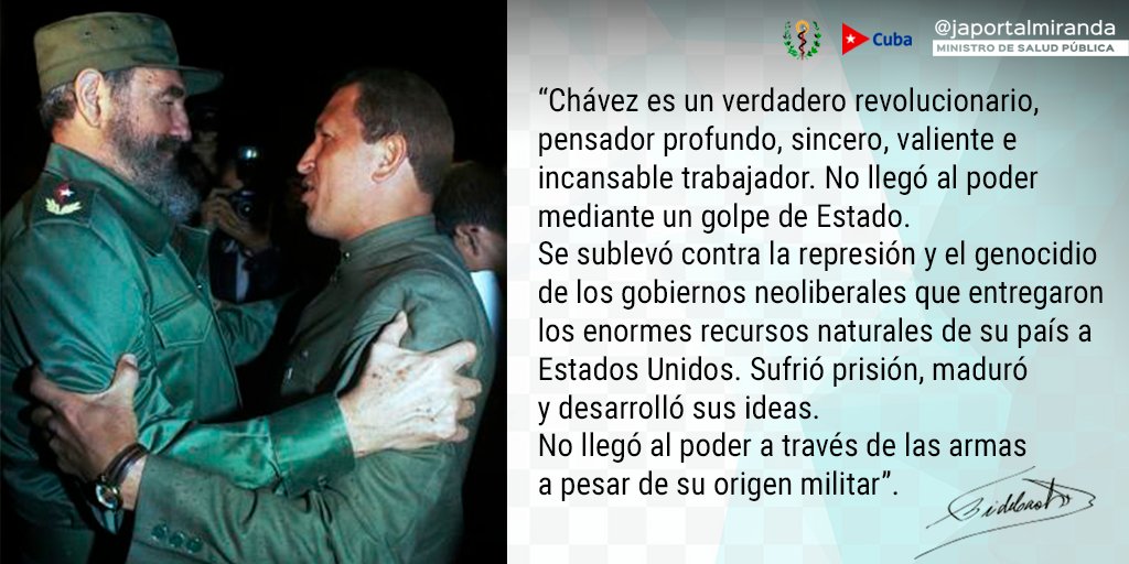 #Fidel | 2013 "El 5 de marzo (...) falleció el mejor amigo que tuvo el pueblo cubano a lo largo de su historia (...) Nos cabe el honor de haber compartido con el líder bolivariano los mismos ideales de justicia social y de apoyo a los explotados (...)" #ChávezVive 🇨🇺 #SomosCuba