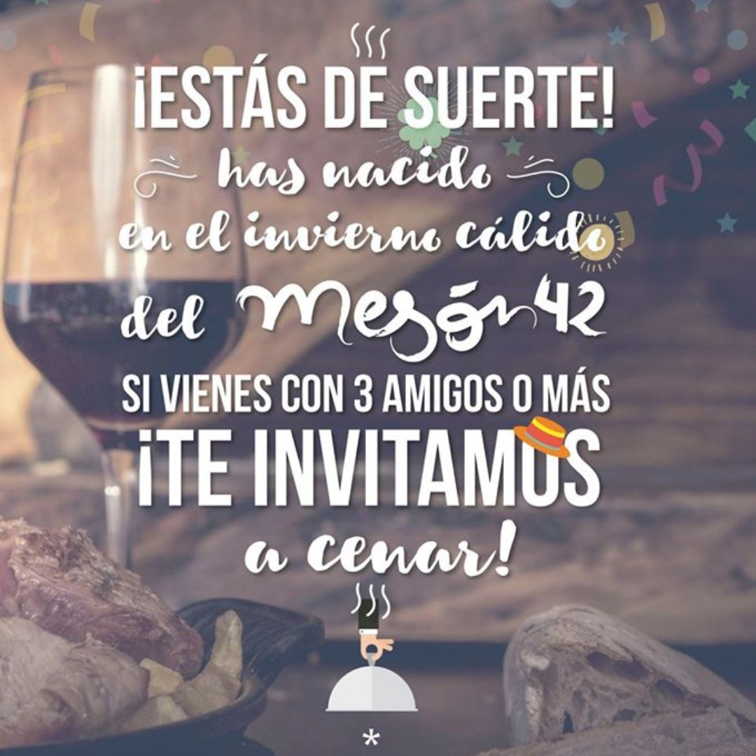 42meson's tweet photo. Si has nacido en temporada baja estás de suerte! 🎉
Disfruta el #inviernocalido del #meson42 ven el día de tu #cumpleaños acompañado de un mínimo de 3 personas y te invitamos a comer/cenar 🎂🎁🎈.
#regalodecumple #meson42 #ruadofranco #compostela #santiagodecompostela #promocion https://t.co/ryE8WaVvt4