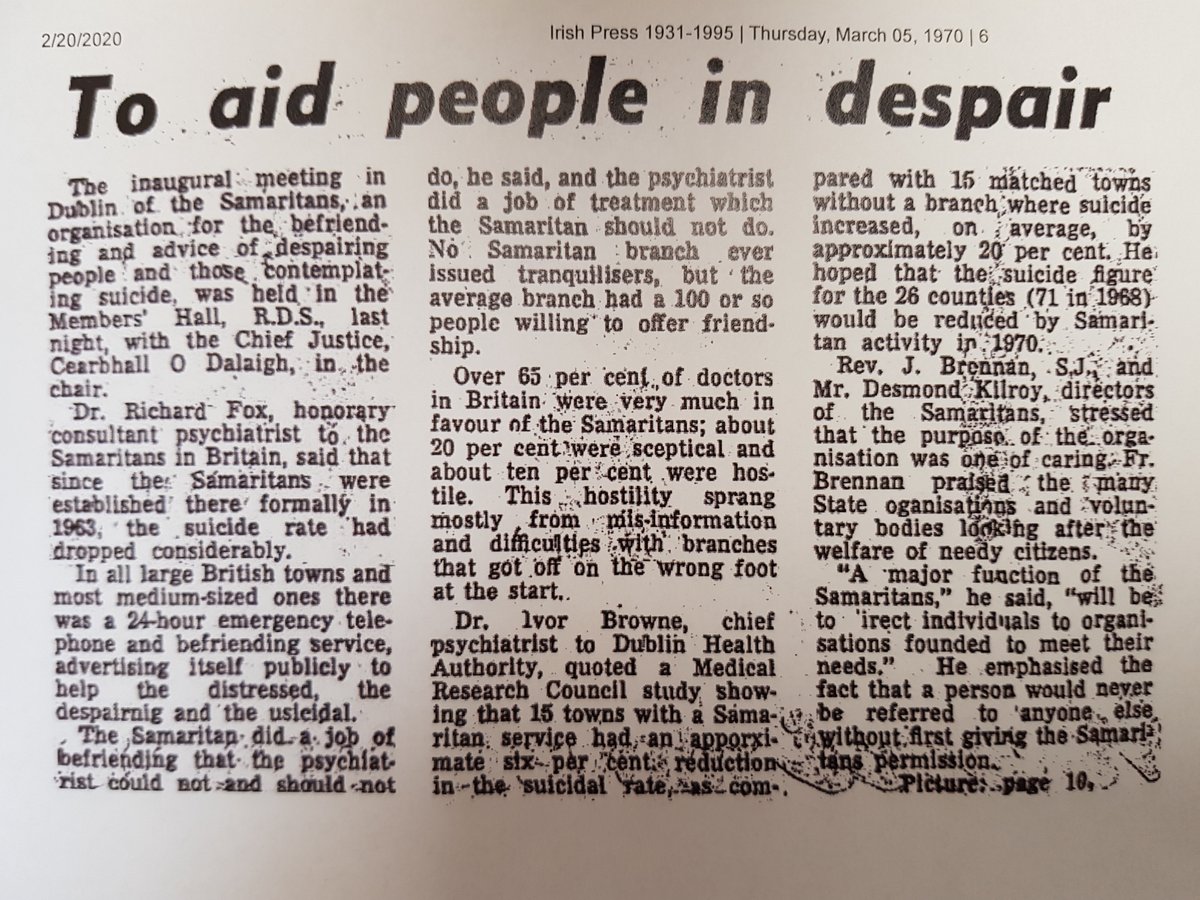 DubSamaritans's tweet image. Dublin Samaritans held its first meeting 50 years ago this this week. Operating 24/7 since 1970, it now incorporates a freephone helpline, email and drop-in service at its dedicated premises on Marlborough Street in the city centre. Here’s a news report from that first meeting