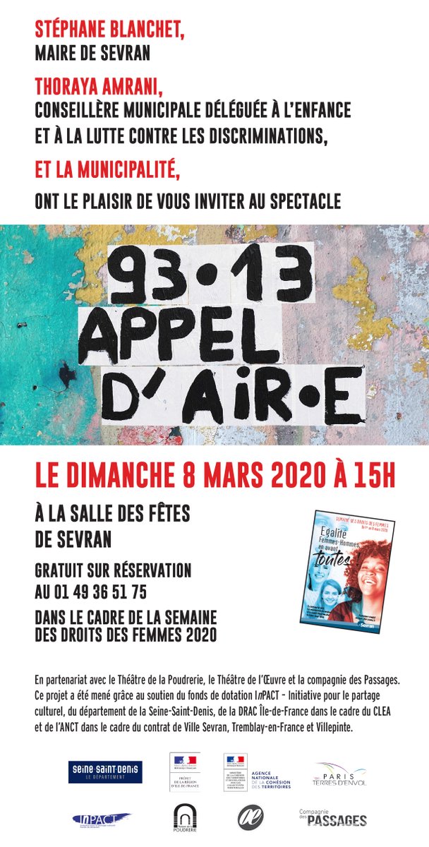 InPACTFDD's tweet photo. [En scène ! @InPACTFDD]
Dimanche 8 mars, le spectacle 93.13 Appel d'Air.e créé par des femmes de Sevran et Marseille avec la Cie des PasSages sur la place des femmes dans l'espace urbain, sera présenté à la salle des Fêtes de @Sevranville . un projet @InPACTFDD https://t.co/8AdlmELG1w