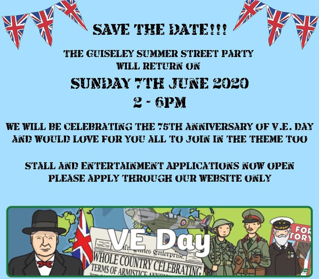 SAVE THE DATE...

 Sunday 7 June 2020.  Guiseley celebrates the V.E Day 75th anniversary.  Stalls and entertainment applications now open via guiseleylights.co.uk/stalls/