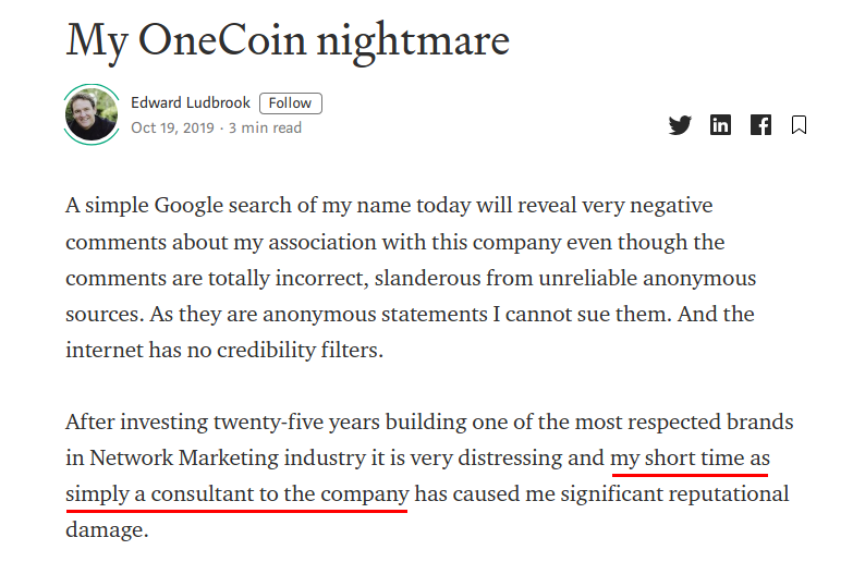OzDelphi's tweet photo. "My #OneCoin nightmare" is #Dacxi CEO @EdLudbrook's latest contemptible effort to deny his significant corporate role in Dr Ruja Ignatova's multi billion dollar #OneCoin #crypto #scam.

Ed was corporate and then an affiliate, not "simply a consultant."

https://t.co/8QATZfzRw7 https://t.co/IlLcARGfVU