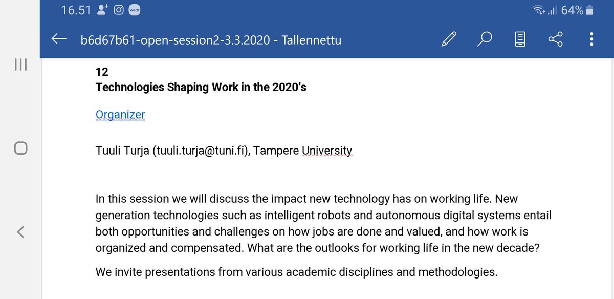 Looking for studies on work and decade-changing technologies!

Abstract call until 25 March to this major event where Working Life Conference &amp; Industrial Relations in Europe Conference are joined. My session info in the picture 👍 events.tuni.fi/irec2020/call-…

<a href="/WrcTAU/">Työelämän tutkimuskeskus, Tampereen Yliopisto</a> #IREC #research