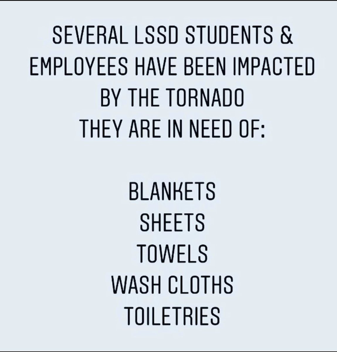 ruistori1's tweet photo. If you are struggling with what to donate here are some more ideas!! Remember we are doing drop offs in Mt. Juliet, Lebanon, and Cookeville tomorrow night (03/06)! Get your donations to @OMS_Chargers!! 💙❤️ #TennesseeStrong #PrayforTN https://t.co/sU8p5qJxle