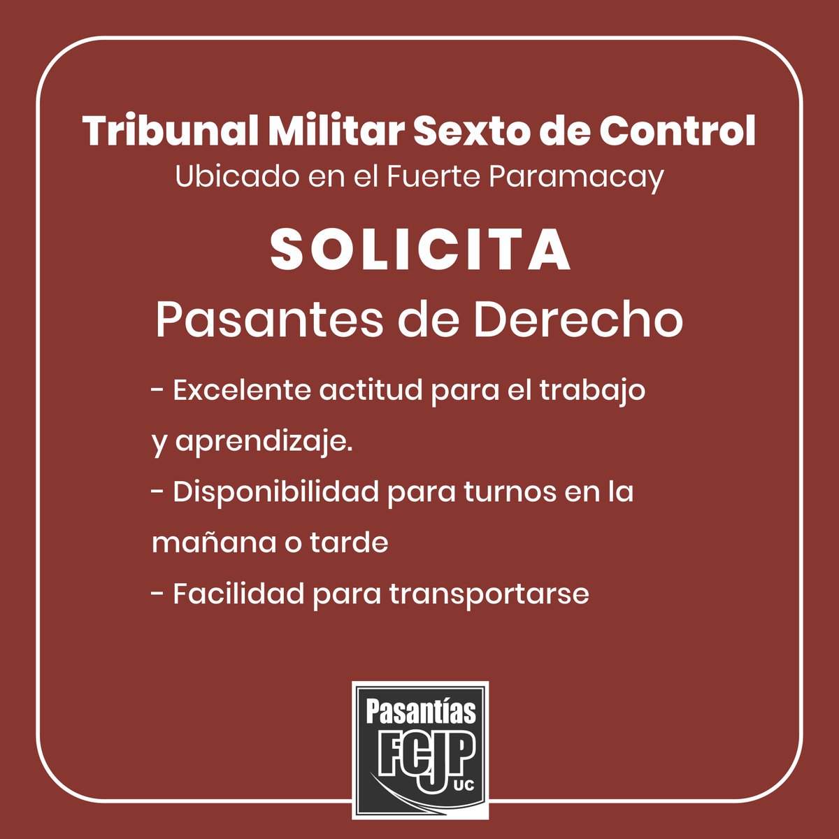 pasantiafcjpuc's tweet photo. "ÚLTIMO LLAMADO", para ejercer distintas funciones y turnos en Tribunal Militar. Recibirán excelente entrenamiento, ambiente agradable y restringido al público. Contacto continuo con Defensa Pública y Fiscalía. Cerca de la UC. @NotiUC https://t.co/DW0XbLt8Lb