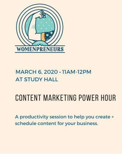3/6 @vtwomenpreneurs Social Media Power Hour session 
Planning, creating, &amp; scheduling digital marketing content
10 spots available - pls email to reserve your spot info@vtwomenpreneur.com
<a href="/studyhallspace/">Study Hall</a> 
#womenpreneur #digitalmarketing 
<a href="/LaunchVT/">LaunchVT</a> 
buff.ly/2wn4JFS
