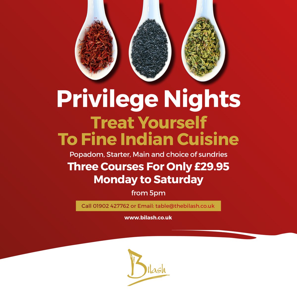 Have you seen our spectacular privilege menu? 🍴

For only £29.95 you can enjoy an award-winning three course meal - from the tantalising Tandoori Fish for starters to the mouth-watering Murghi Donia for your main! 👏

Dont miss out, book your table today: table@thebilash.co.uk