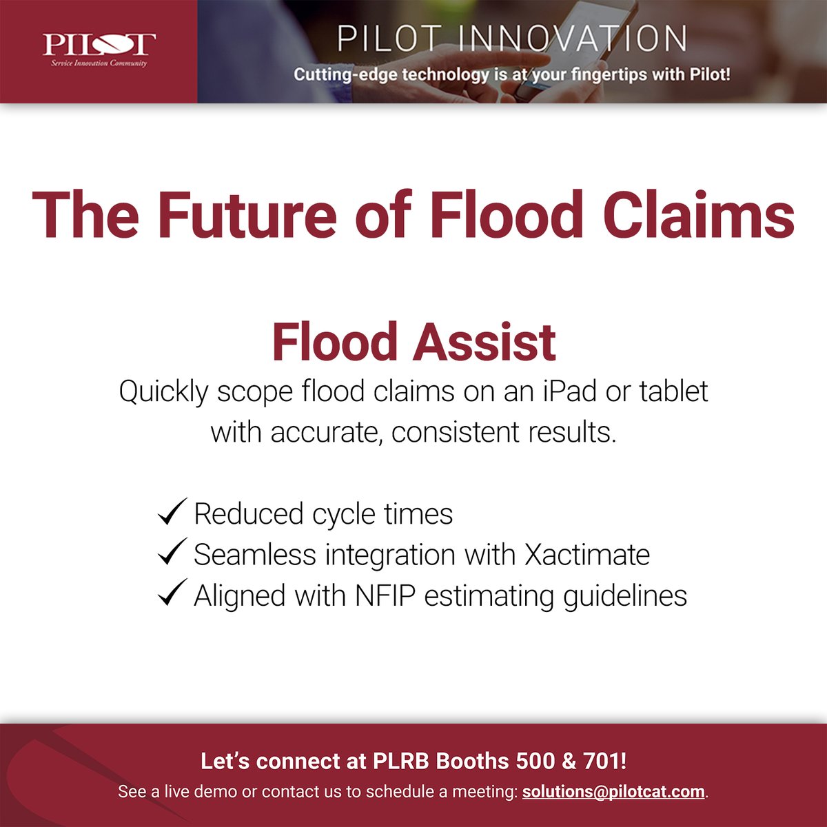 pilotcat's tweet photo. We’re introducing the future of flood claims at #PLRB #ClaimsConference2020. https://t.co/InZ1khPo2Q
Visit us at booths 500 & 701 to learn how to quickly scope flood claims on an iPad or tablet with accurate, consistent results.
#Claims #InsuranceClaims #Adjusters @PLRBConf https://t.co/TQS8KUKYQy