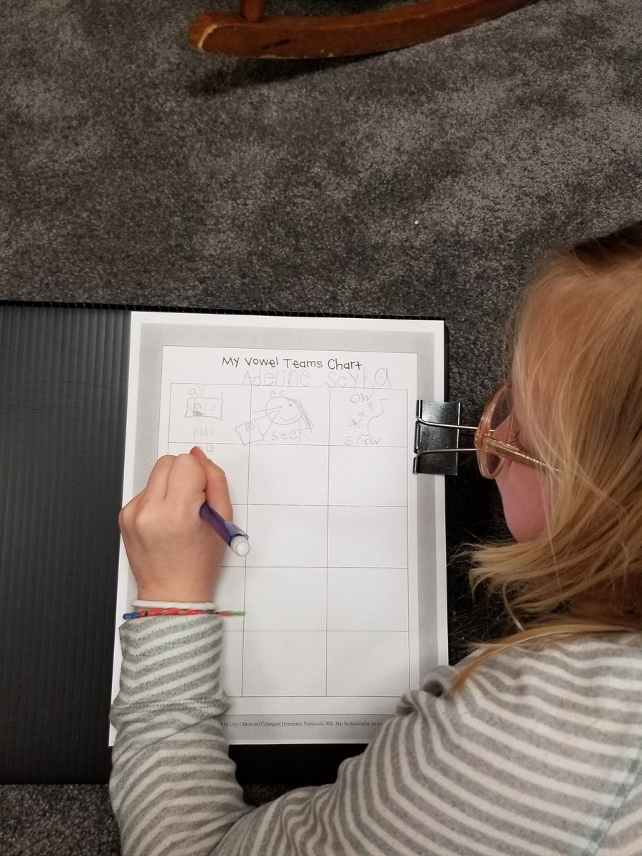 mrs_stick's tweet photo. 1st graders creating their own writing tool - a vowel team chart!  @TCRWP @ThinkMBE https://t.co/16BVKQIYwc