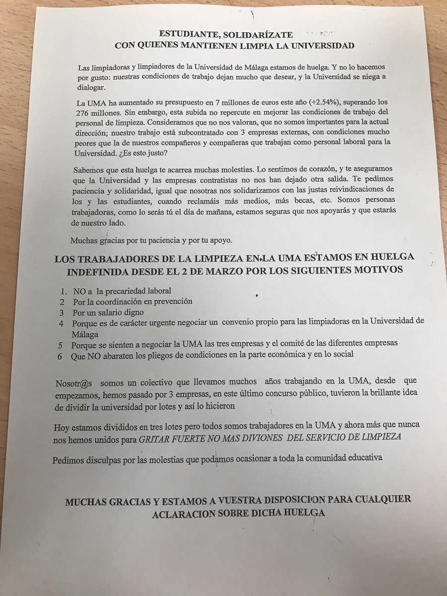 aidafdezc_'s tweet photo. Comunicado de las limpiadoras de la UMA. 

Difundidlo por favor, que todo el mundo se entere de su situación. https://t.co/1iAn4GpSmi