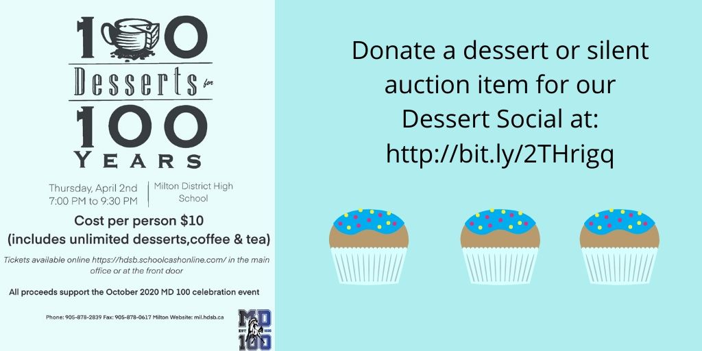 100Mdhs's tweet photo. Preparations are underway for our 100 Desserts for 100 Years event on April 2nd!  We are looking for dessert and silent auction donations.  Click this link to sign up: https://t.co/g8nNPkgDof @MDAthletics @miltondhs @MDHS_healthcare @dramamdhs https://t.co/EsMzDjxUP2