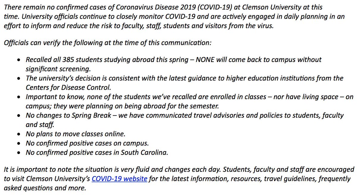 COVID-19 site ---&gt; bit.ly/39qUTBx

The latest on Clemson's preparations ⬇️