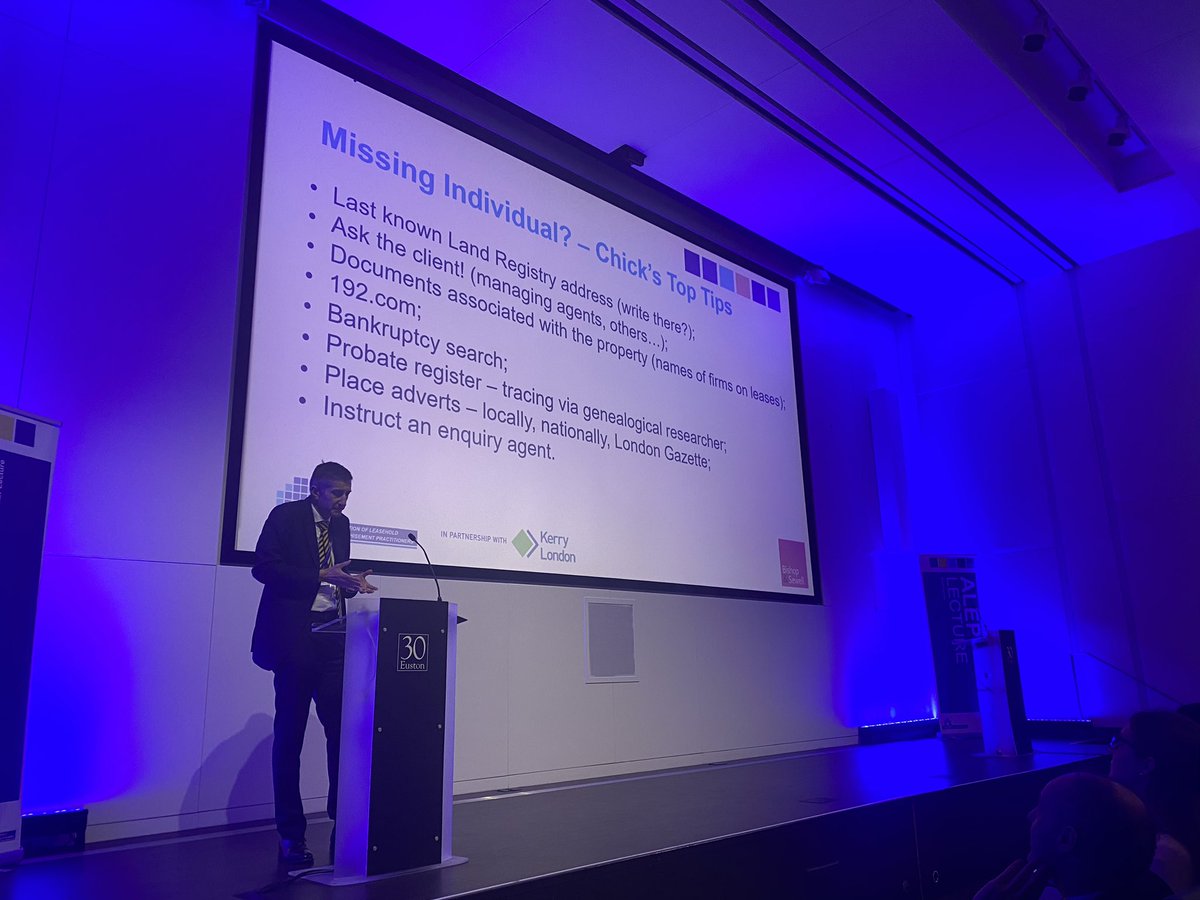 myleasehold's tweet image. And now @section42 kicks off with “Chick’s Top Tips” on missing landlords #aleplecture