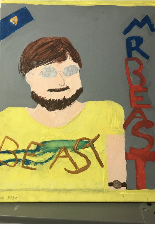 I_Bleed_KY_Blue's tweet photo. @MrBeastYT Assignment was to pick someone famous &amp; become that person at an upcoming wax museum fundraiser for the school. First request to use Mr. Beast as the subject was denied but he won the appeal. He is very excited to share your story! https://t.co/NyF6FI3ADW