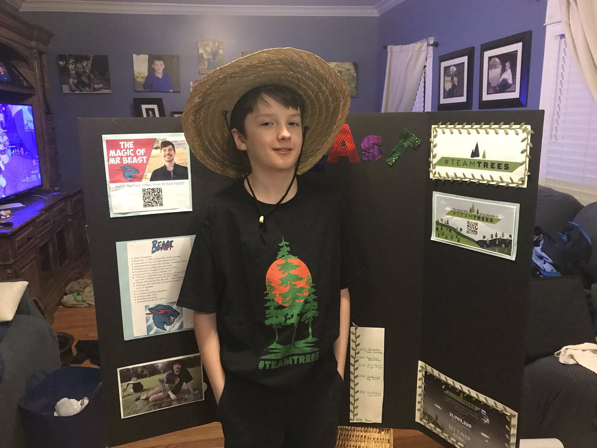 I_Bleed_KY_Blue's tweet photo. @MrBeastYT Assignment was to pick someone famous &amp; become that person at an upcoming wax museum fundraiser for the school. First request to use Mr. Beast as the subject was denied but he won the appeal. He is very excited to share your story! https://t.co/NyF6FI3ADW