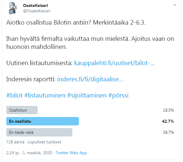 OsakeKeisari's tweet image. Bilotin anti herätti mukavasti kiinnostusta kyselyn perusteella. Varmoja osallistuja löytyi 135 ja harkitsevia 282. Kiinnostus oli huomattavasti suurempaa, kuin edellisessä Musti Groupin listautumiskyselyssä. Varmasti menee läpi. 

#bilot #listautuminen #sijoittaminen #pörssi